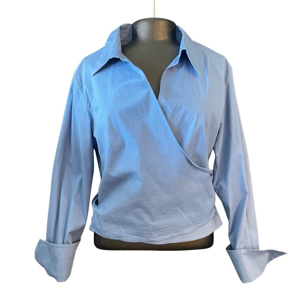 Spenser Jeremy Blue Solid Collared Wrap Tie Back Woven Stretch Blouse Size L